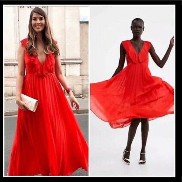 zara coral pleated dress